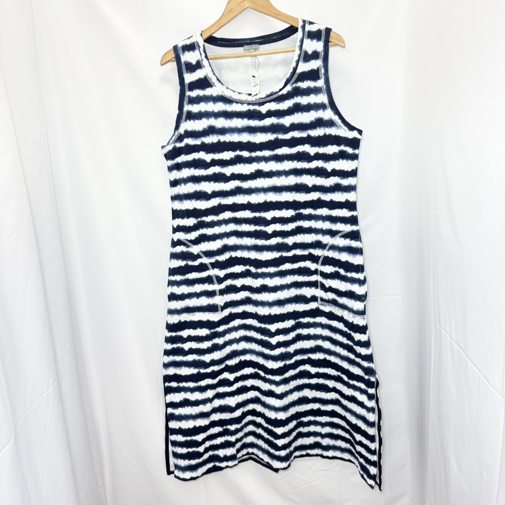 Talbots Terry Sleeveless Midi Dress XL Wavy Tie Dye Blue Pockets Travel Resort - Picture 2 of 10